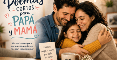 Familia abrazándose con una tarjeta de agradecimiento para papá y mamá