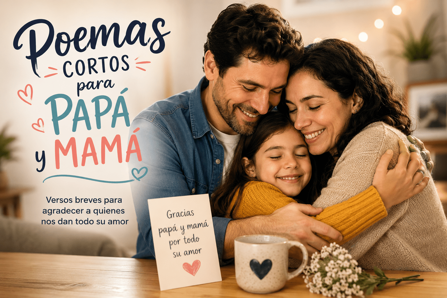 Familia abrazándose con una tarjeta de agradecimiento para papá y mamá