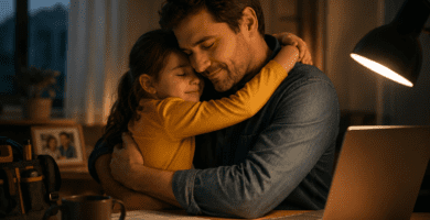 Padre trabajador abrazando a su hija en casa después de una jornada de trabajo