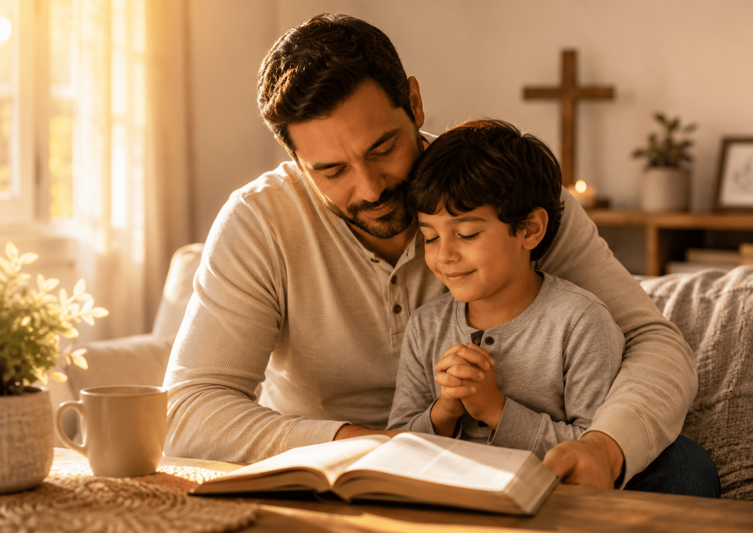 Papá y su hijo en un momento de oración familiar con una Biblia abierta, imagen para poemas cristianos cortos para papá.