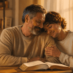 Padre e hijo compartiendo un momento de gratitud cristiana junto a una Biblia abierta, imagen para poemas cristianos para agradecer a papá.
