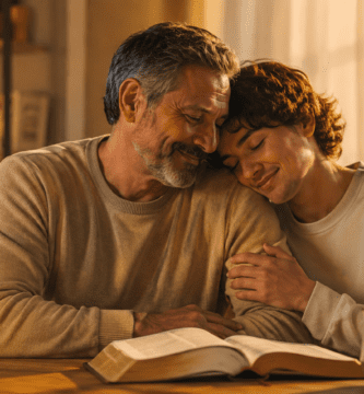 Padre e hijo compartiendo un momento de gratitud cristiana junto a una Biblia abierta, imagen para poemas cristianos para agradecer a papá.