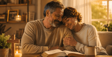 Padre e hijo compartiendo un momento de gratitud cristiana junto a una Biblia abierta, imagen para poemas cristianos para agradecer a papá.