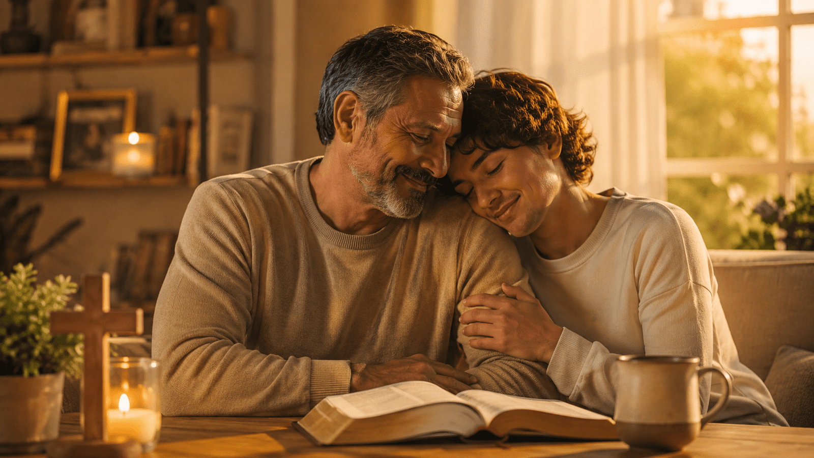 Padre e hijo compartiendo un momento de gratitud cristiana junto a una Biblia abierta, imagen para poemas cristianos para agradecer a papá.