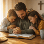 Padre orando con sus hijos junto a una Biblia abierta para poemas cristianos del Día del Padre
