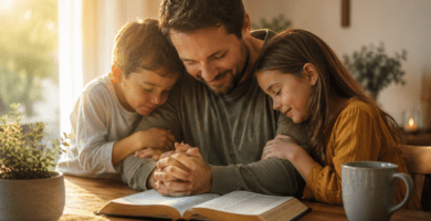 Padre orando con sus hijos junto a una Biblia abierta para poemas cristianos del Día del Padre