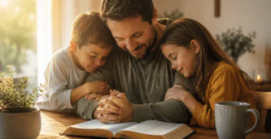 Padre orando con sus hijos junto a una Biblia abierta para poemas cristianos del Día del Padre