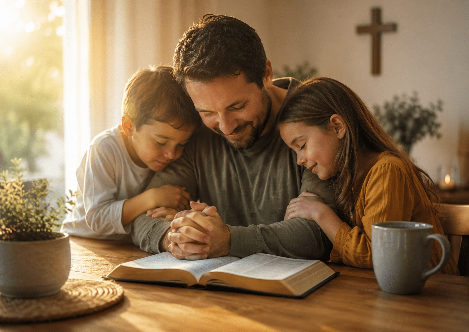 Padre orando con sus hijos junto a una Biblia abierta para poemas cristianos del Día del Padre