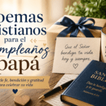 Composición cálida con Biblia, regalo y tarjeta de cumpleaños cristiana para papá, imagen para poemas cristianos de cumpleaños.