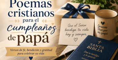 Composición cálida con Biblia, regalo y tarjeta de cumpleaños cristiana para papá, imagen para poemas cristianos de cumpleaños.