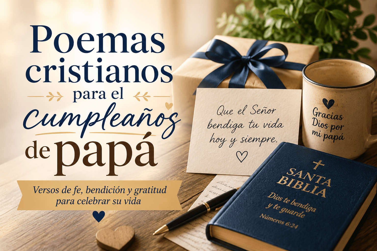 Composición cálida con Biblia, regalo y tarjeta de cumpleaños cristiana para papá, imagen para poemas cristianos de cumpleaños.