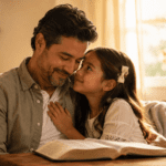 Papá y su hija compartiendo un momento cristiano de amor y gratitud con una Biblia abierta.