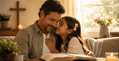 Papá y su hija compartiendo un momento cristiano de amor y gratitud con una Biblia abierta.