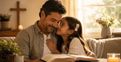 Papá y su hija compartiendo un momento cristiano de amor y gratitud con una Biblia abierta.