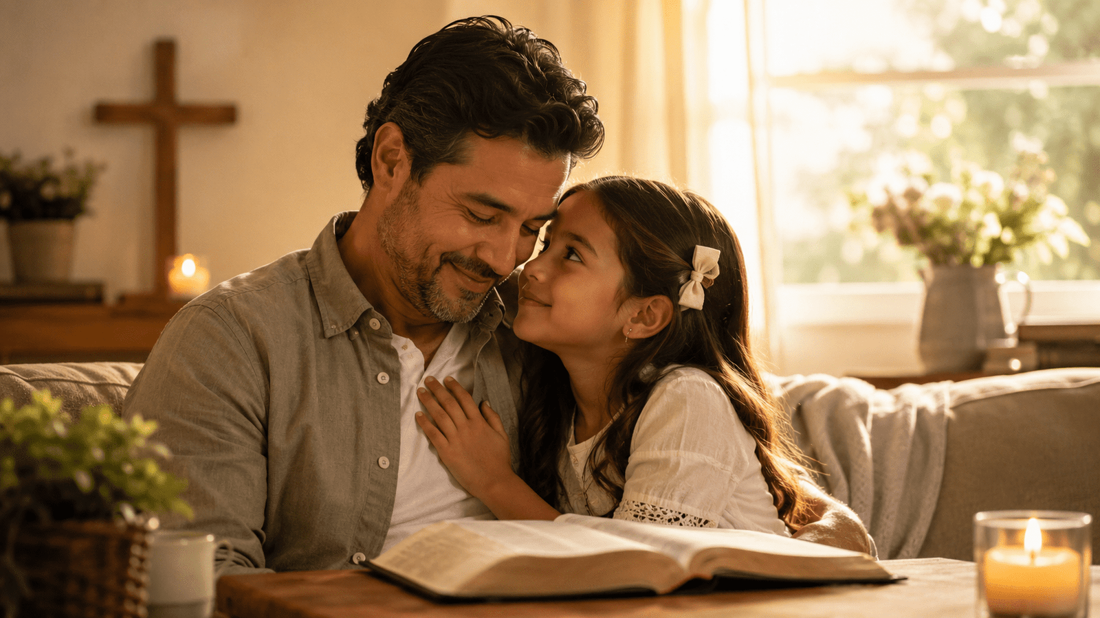 Papá y su hija compartiendo un momento cristiano de amor y gratitud con una Biblia abierta.