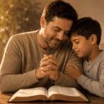 Padre e hijo orando junto a una Biblia abierta para poemas cristianos de hijo a papá