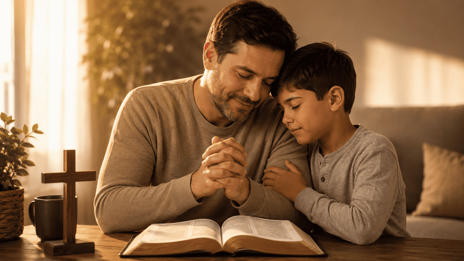 Padre e hijo orando junto a una Biblia abierta para poemas cristianos de hijo a papá