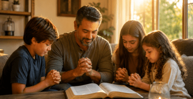 Padre orando junto a sus hijos frente a una Biblia abierta en una escena familiar cristiana llena de luz y bendición
