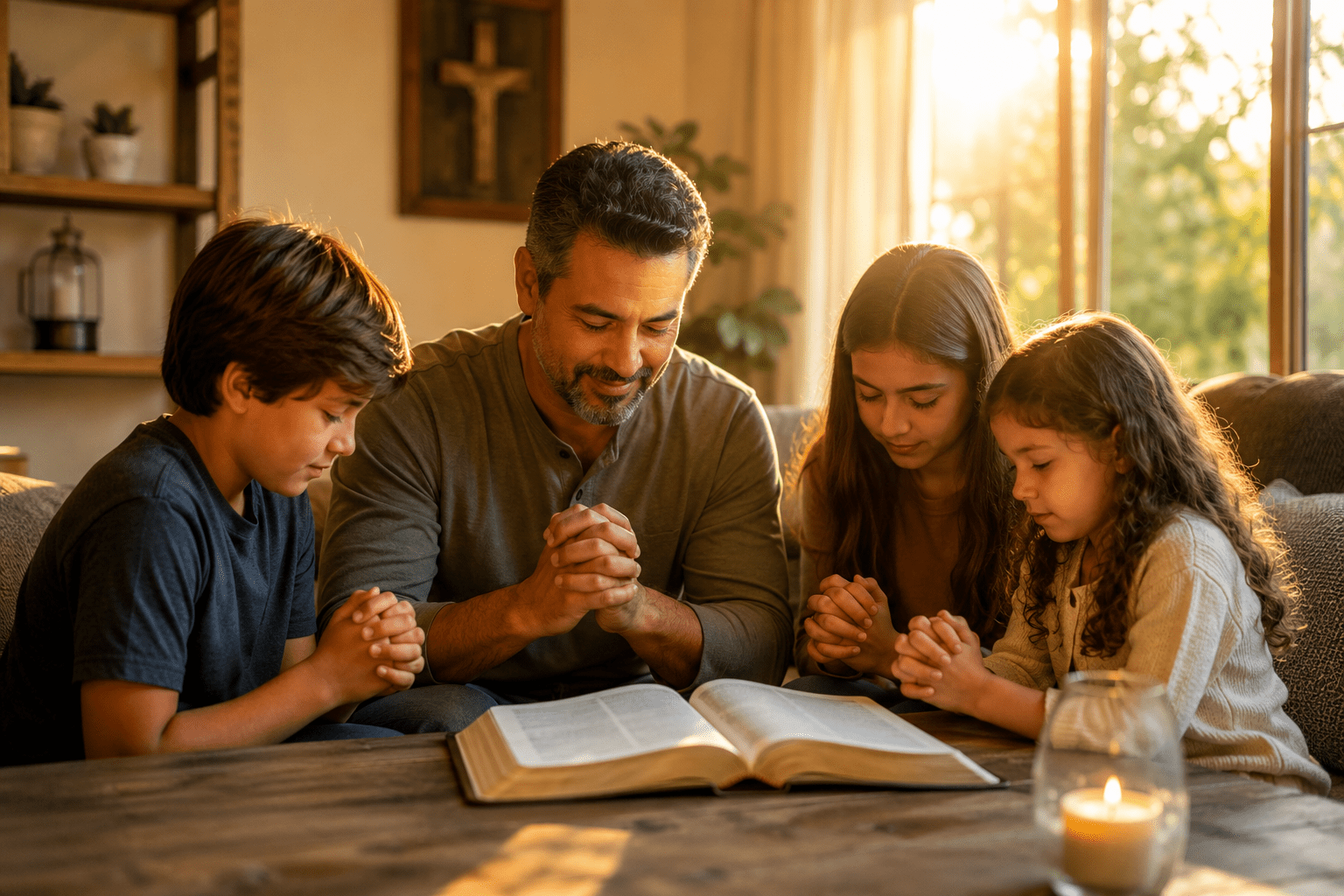Padre orando junto a sus hijos frente a una Biblia abierta en una escena familiar cristiana llena de luz y bendición