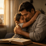 Padre trabajador abrazando a su hija junto a una Biblia abierta en casa, imagen para poemas cristianos para un padre trabajador