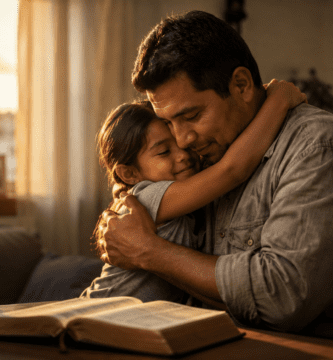 Padre trabajador abrazando a su hija junto a una Biblia abierta en casa, imagen para poemas cristianos para un padre trabajador