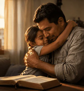 Padre trabajador abrazando a su hija junto a una Biblia abierta en casa, imagen para poemas cristianos para un padre trabajador