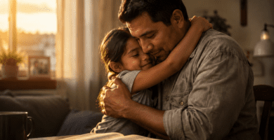 Padre trabajador abrazando a su hija junto a una Biblia abierta en casa, imagen para poemas cristianos para un padre trabajador