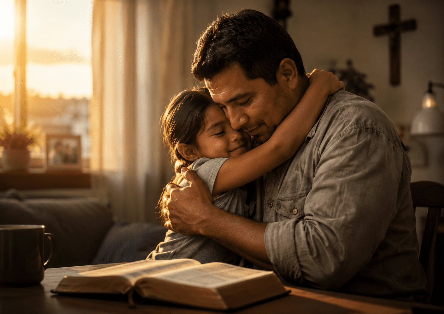 Padre trabajador abrazando a su hija junto a una Biblia abierta en casa, imagen para poemas cristianos para un padre trabajador