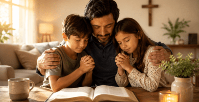Padre orando con sus hijos junto a una Biblia para agradecer a Dios por su vida