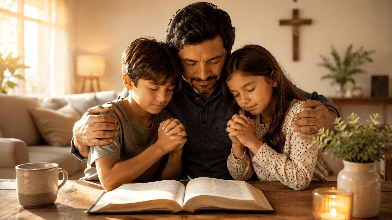 Padre orando con sus hijos junto a una Biblia para agradecer a Dios por su vida