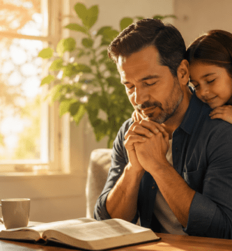 Papá en un momento de oración familiar, imagen para poemas de agradecimiento a Dios por mi papá.