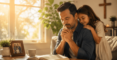 Papá en un momento de oración familiar, imagen para poemas de agradecimiento a Dios por mi papá.