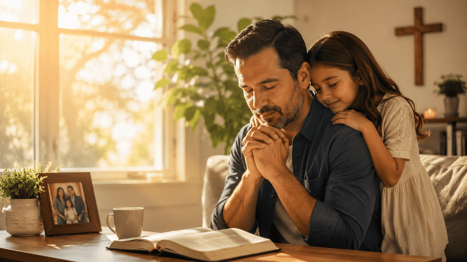 Papá en un momento de oración familiar, imagen para poemas de agradecimiento a Dios por mi papá.