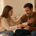 Hija entrega una carta de agradecimiento a su papá en un momento familiar lleno de amor.