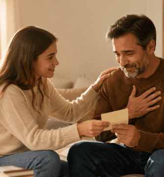 Hija entrega una carta de agradecimiento a su papá en un momento familiar lleno de amor.