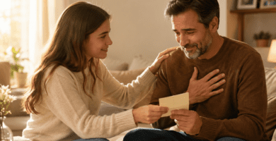 Hija entrega una carta de agradecimiento a su papá en un momento familiar lleno de amor.