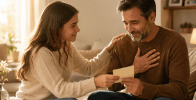 Hija entrega una carta de agradecimiento a su papá en un momento familiar lleno de amor.