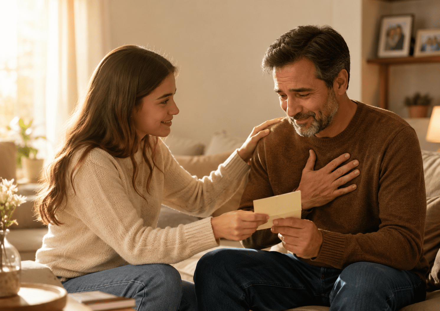 Hija entrega una carta de agradecimiento a su papá en un momento familiar lleno de amor.