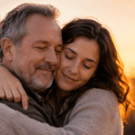 Hija adulta abrazando a su padre al atardecer para ilustrar poemas de una hija a su padre