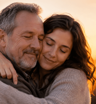 Hija adulta abrazando a su padre al atardecer para ilustrar poemas de una hija a su padre