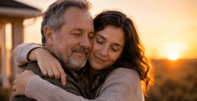 Hija adulta abrazando a su padre al atardecer para ilustrar poemas de una hija a su padre