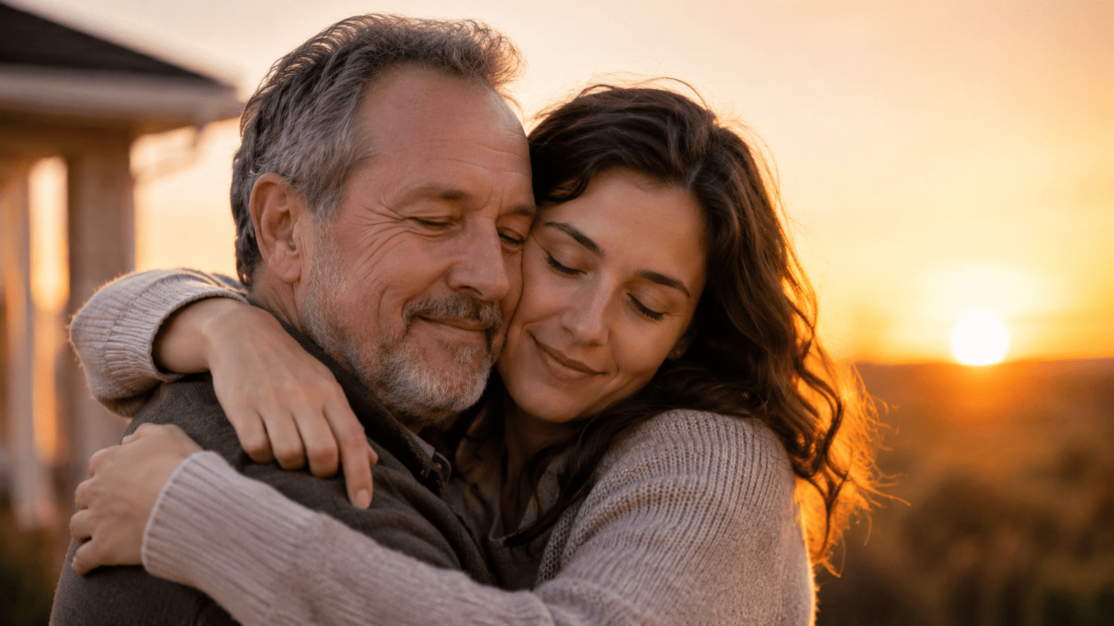 Hija adulta abrazando a su padre al atardecer para ilustrar poemas de una hija a su padre