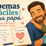 Ilustración de un papá abrazando a su hijo con poemas fáciles para niños, tarjetas y tareas escolares