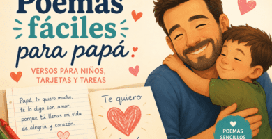 Ilustración de un papá abrazando a su hijo con poemas fáciles para niños, tarjetas y tareas escolares