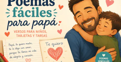 Ilustración de un papá abrazando a su hijo con poemas fáciles para niños, tarjetas y tareas escolares