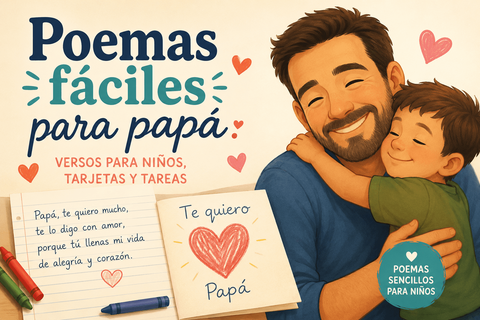 Ilustración de un papá abrazando a su hijo con poemas fáciles para niños, tarjetas y tareas escolares