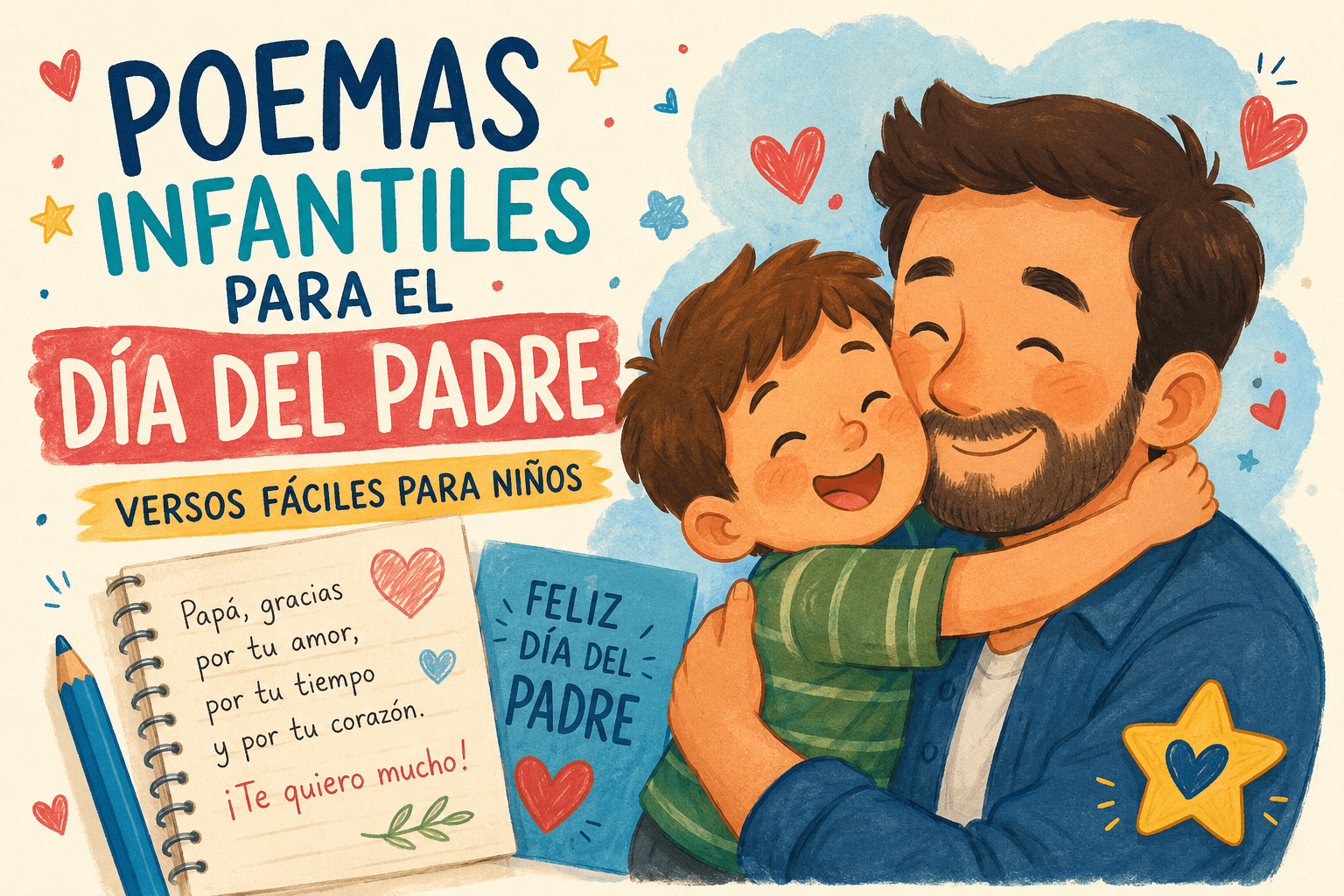 Ilustración de un niño abrazando a su papá para poemas infantiles del Día del Padre