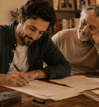 Padre e hijo escribiendo una carta con poemas largos para el Día del Padre en un ambiente cálido y familiar.