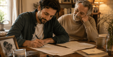 Padre e hijo escribiendo una carta con poemas largos para el Día del Padre en un ambiente cálido y familiar.