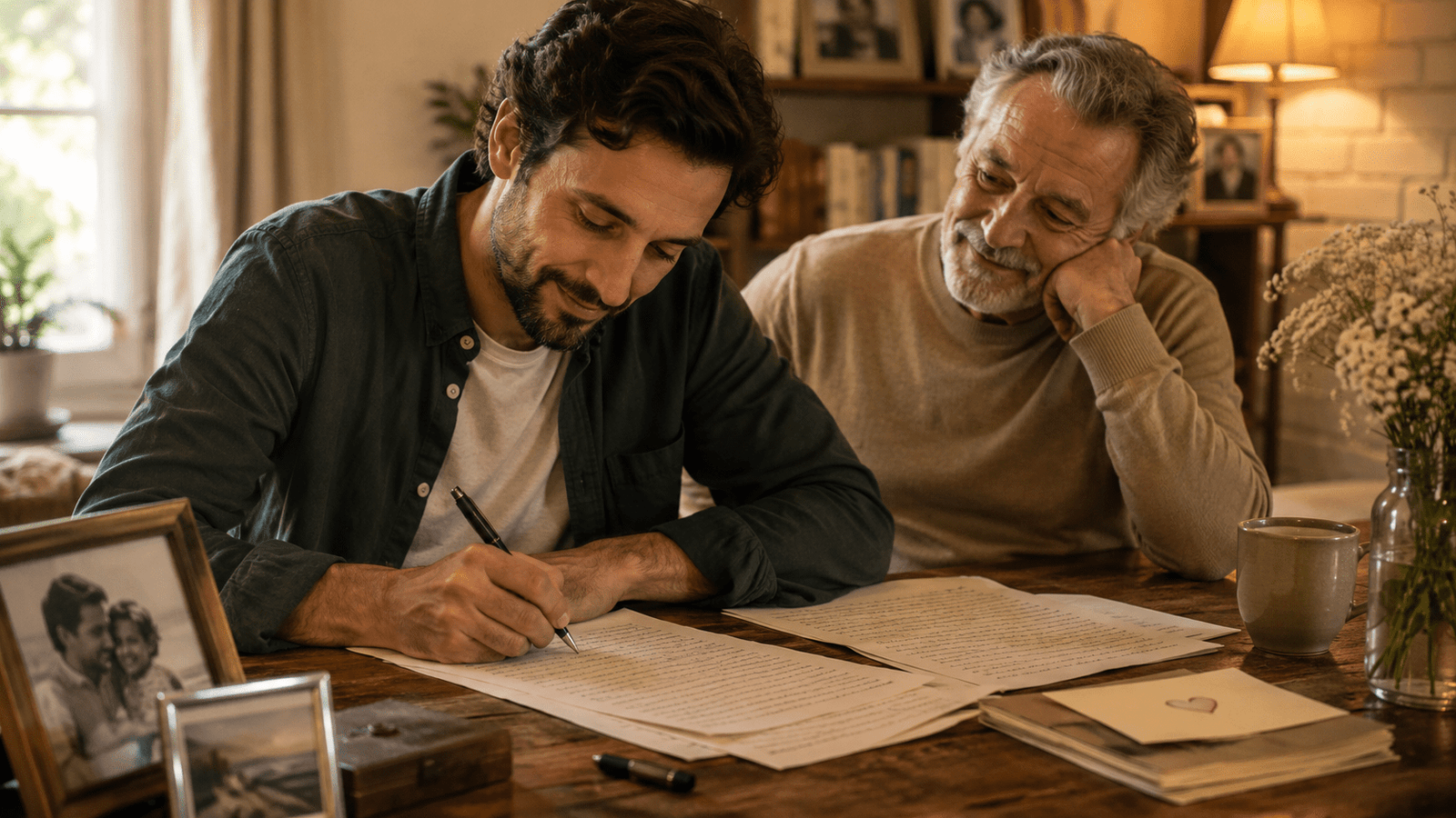 Padre e hijo escribiendo una carta con poemas largos para el Día del Padre en un ambiente cálido y familiar.